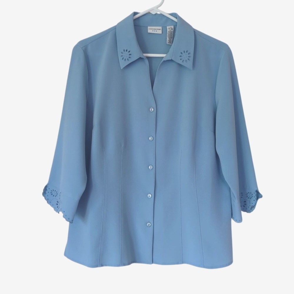 Covington Floral Embroidered Button Down Blouse LARGE 14-16 Blue Eyelet Trim